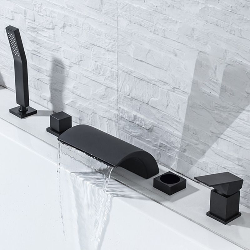 Modern Waterfall Tub Spout 2 Handles Deck Mount Roman Tub Faucet in Black and Chrome Clearhalo 'Bathroom Remodel & Bathroom Fixtures' 'Bathtub Faucets' 'bathtub_faucets' 'Home Improvement' 'home_improvement' 'home_improvement_bathtub_faucets' 1200x1200_bd282ef4-755b-4aca-9ece-7bd88a133f70