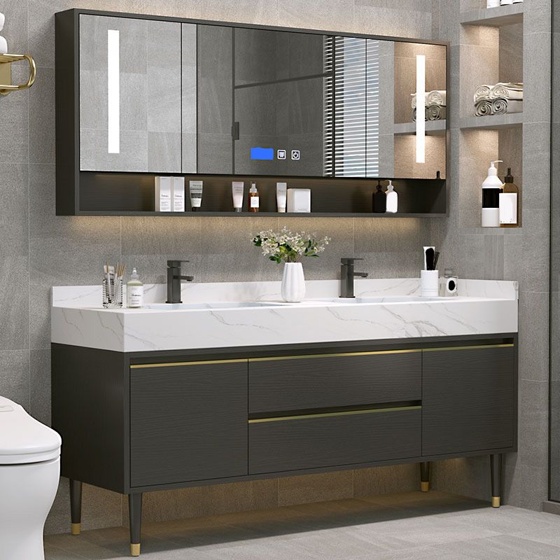 Metal Frame Vanity Drawers Rectangle Black Mirror Bathroom Vanity Set with 2 Doors Clearhalo 'Bathroom Remodel & Bathroom Fixtures' 'Bathroom Vanities' 'bathroom_vanities' 'Home Improvement' 'home_improvement' 'home_improvement_bathroom_vanities' 1200x1200_bed1f2fb-aefd-4510-bcdc-30c40ac6e491