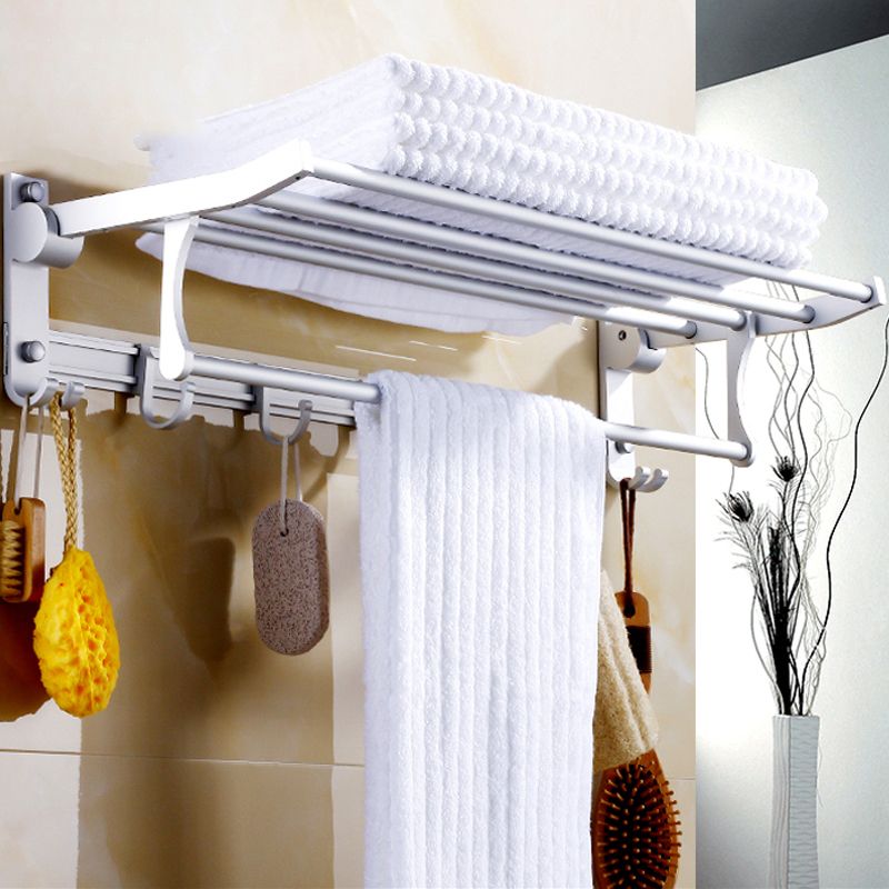 Silver Modern Bathroom Accessory Set with Bath Shelf/Towel Bar & Robe Hooks Clearhalo 'Bathroom Hardware Sets' 'Bathroom Hardware' 'Bathroom Remodel & Bathroom Fixtures' 'bathroom_hardware_sets' 'Home Improvement' 'home_improvement' 'home_improvement_bathroom_hardware_sets' 1200x1200_bed568fd-e157-4402-b8bb-76c4e00b7780