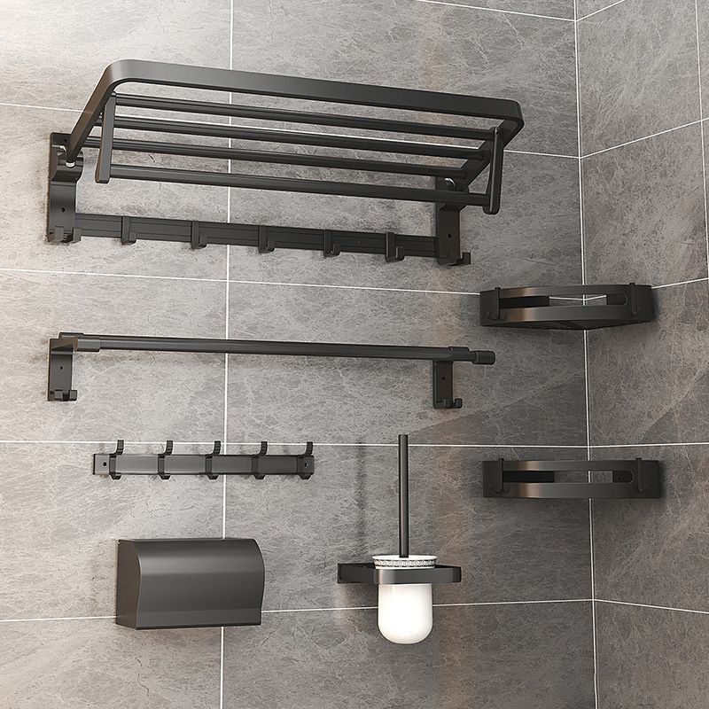 Modern Matte Black Bathroom Accessory Set with Bath Shelf/Robe Hooks/Towel Bar Clearhalo 'Bathroom Hardware Sets' 'Bathroom Hardware' 'Bathroom Remodel & Bathroom Fixtures' 'bathroom_hardware_sets' 'Home Improvement' 'home_improvement' 'home_improvement_bathroom_hardware_sets' 1200x1200_c1192b83-5e44-4364-a026-e59e9badc6aa