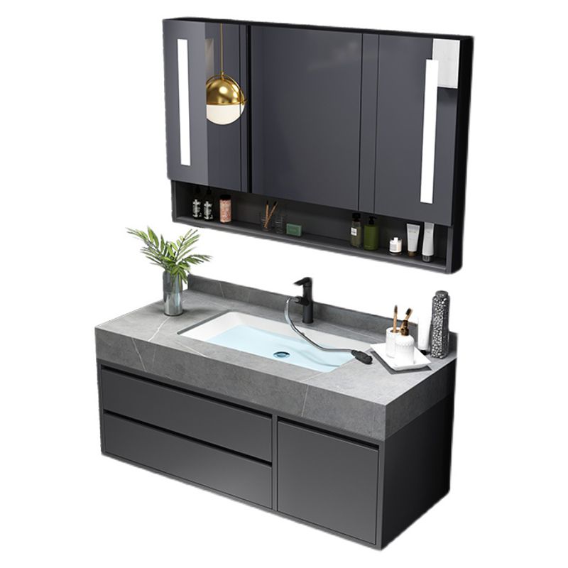 Mirror Vanity Grey Wood Frame Glam 2 Drawers Single Sink Rectangular Vanity with Faucet Clearhalo 'Bathroom Remodel & Bathroom Fixtures' 'Bathroom Vanities' 'bathroom_vanities' 'Home Improvement' 'home_improvement' 'home_improvement_bathroom_vanities' 1200x1200_c311e154-ff9a-47b0-92db-a822ec67d80d