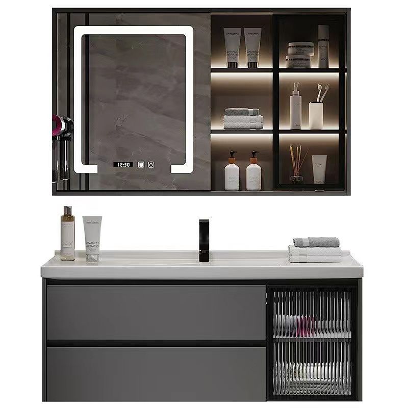 Wall Mount Bath Vanity Grey Metal Frame Mirror Single Sink Bathroom Vanity with Drawers Clearhalo 'Bathroom Remodel & Bathroom Fixtures' 'Bathroom Vanities' 'bathroom_vanities' 'Home Improvement' 'home_improvement' 'home_improvement_bathroom_vanities' 1200x1200_c443e542-4538-48d3-bfc9-9f13acb52bc6