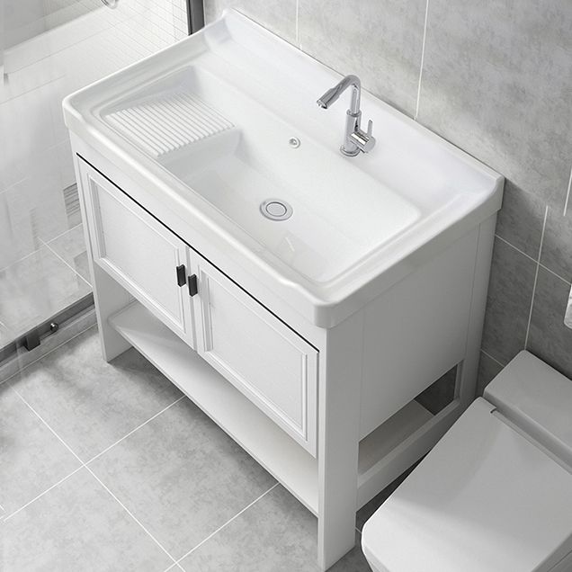 Freestanding Vanity Mirror 2 Doors Single Sink White Rectangular Shelving Included Vanity Clearhalo 'Bathroom Remodel & Bathroom Fixtures' 'Bathroom Vanities' 'bathroom_vanities' 'Home Improvement' 'home_improvement' 'home_improvement_bathroom_vanities' 1200x1200_c88db159-6869-4743-9e3b-219f155b99b4