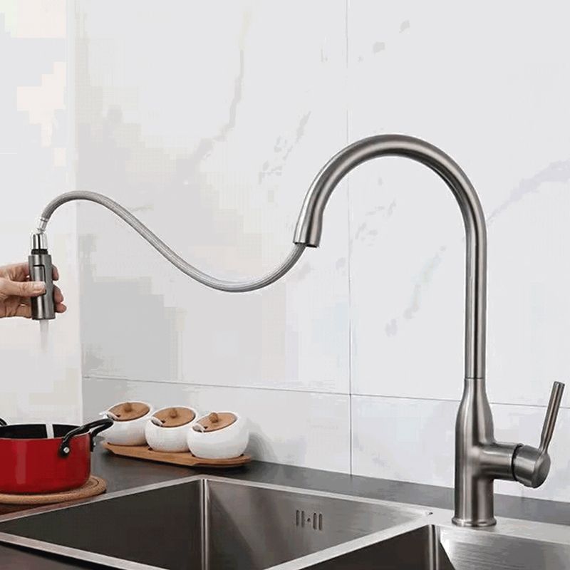 Contemporary Faucet Copper Single Handle High Arc Retractable Faucet for Kitchen Clearhalo 'Home Improvement' 'home_improvement' 'home_improvement_kitchen_faucets' 'Kitchen Faucets' 'Kitchen Remodel & Kitchen Fixtures' 'Kitchen Sinks & Faucet Components' 'kitchen_faucets' 1200x1200_c9194f64-c92d-4a4a-8cb9-072ea46a602b