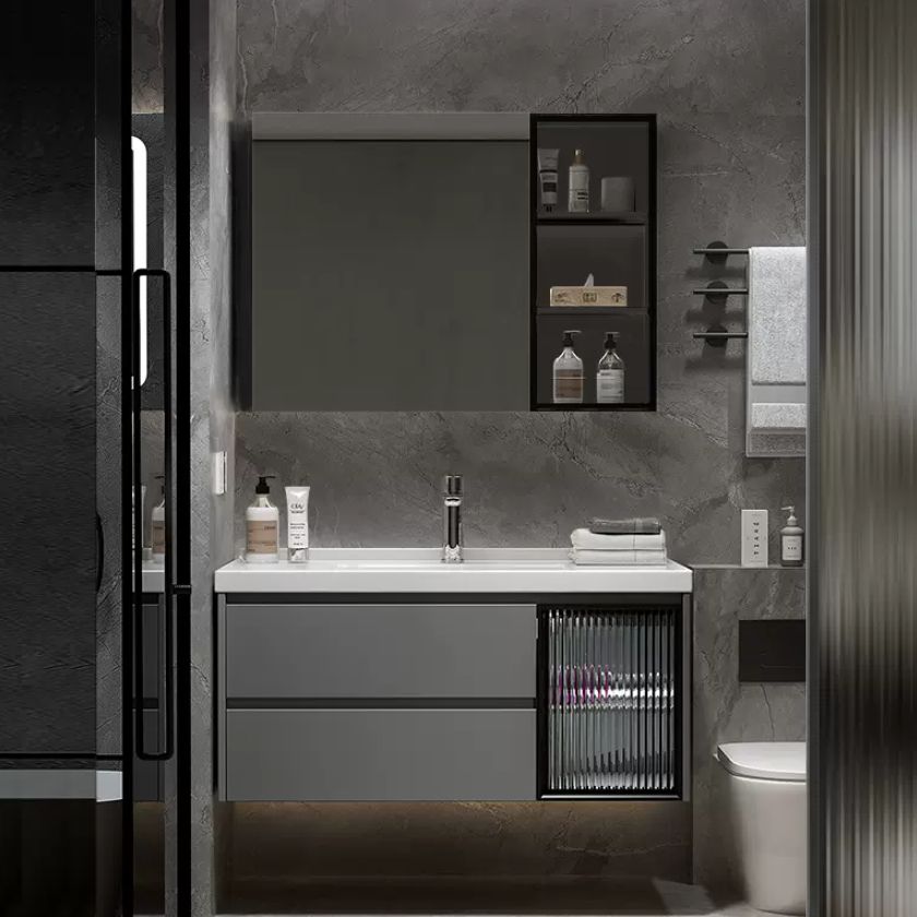 Modern Vanity Rectangular Dark Gray Single Ceramic Top Sink Vanity Clearhalo 'Bathroom Remodel & Bathroom Fixtures' 'Bathroom Vanities' 'bathroom_vanities' 'Home Improvement' 'home_improvement' 'home_improvement_bathroom_vanities' 1200x1200_c9200026-7160-4f2e-a323-e781083b6097