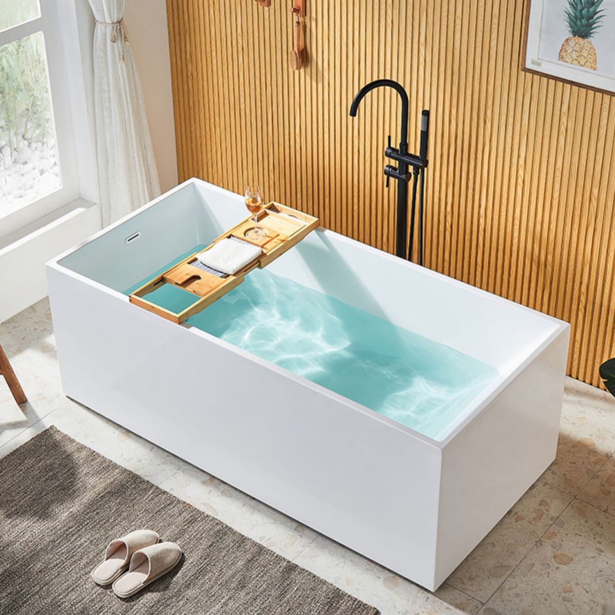 Modern Rectangle Acrylic Bathtub Freestand Soaking Bathtub with Drain Bath Tub Clearhalo 'Bathroom Remodel & Bathroom Fixtures' 'Bathtubs' 'Home Improvement' 'home_improvement' 'home_improvement_bathtubs' 'Showers & Bathtubs' 1200x1200_c9e7a8df-6cf9-43a9-91eb-d5980ab40024