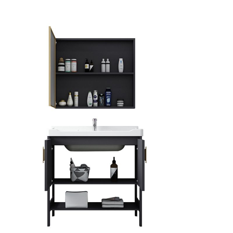 Single Sink Vanity Shelving Included Metal Frame 2 Doors Freestanding Modern Vanity Clearhalo 'Bathroom Remodel & Bathroom Fixtures' 'Bathroom Vanities' 'bathroom_vanities' 'Home Improvement' 'home_improvement' 'home_improvement_bathroom_vanities' 1200x1200_ca75d101-bfb0-4ab3-a883-454cddf8e410