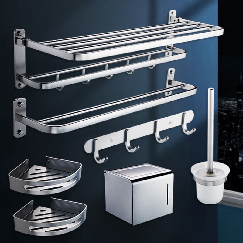 Modern Bathroom Accessory Set with Bathe Shelf/Robe Hooks/Towel Bar in Aluminum Clearhalo 'Bathroom Hardware Sets' 'Bathroom Hardware' 'Bathroom Remodel & Bathroom Fixtures' 'bathroom_hardware_sets' 'Home Improvement' 'home_improvement' 'home_improvement_bathroom_hardware_sets' 1200x1200_ce4b0eef-fda6-4aa3-9f80-7e217591fe8b