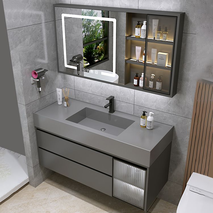 Wood Frame Bathroom Vanity Grey 2 Drawers Single Sink Mirror Wall Mount Rectangular Vanity Clearhalo 'Bathroom Remodel & Bathroom Fixtures' 'Bathroom Vanities' 'bathroom_vanities' 'Home Improvement' 'home_improvement' 'home_improvement_bathroom_vanities' 1200x1200_d1383887-8ad6-4cb0-a8c8-b8553025b7ad