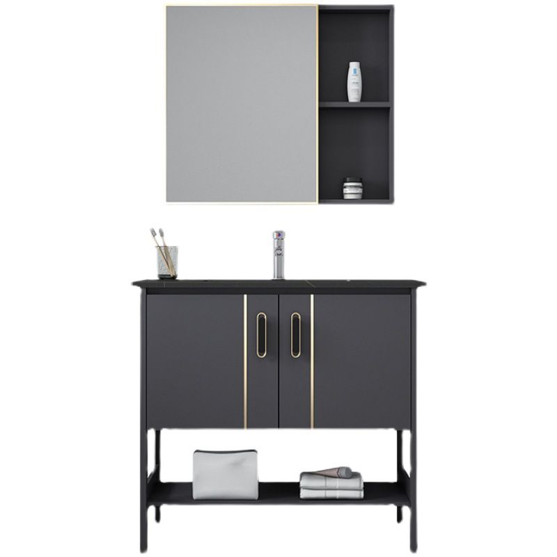 Single Sink Vanity Shelving Included Metal Frame 2 Doors Freestanding Modern Vanity Clearhalo 'Bathroom Remodel & Bathroom Fixtures' 'Bathroom Vanities' 'bathroom_vanities' 'Home Improvement' 'home_improvement' 'home_improvement_bathroom_vanities' 1200x1200_d2388b41-5832-4c7a-b8bf-d038bd197601