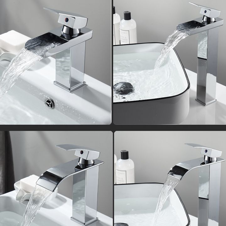 Waterfall Spout Vessel Sink Faucet Single Handle Square Faucet Clearhalo 'Accueil' 'Amélioration Domiciliaire' 'bathroom_sink_faucets' 'Ensembles de Lavabo & de Robinet de Toilette' 'home_improvement' 'home_improvement_bathroom_sink_faucets' 'Robinet de Lavabo de Salle de Bain' 'Rénovation et Équipement de Salle de Bain' 1200x1200_d375865c-d221-4fff-9fbc-97290c63f3a2