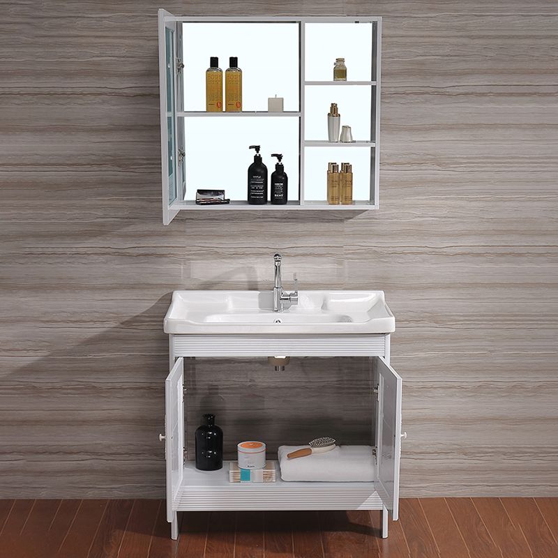 White Freestanding Vanity Rectangular 2 Doors Metal Frame Mirror Single Sink Vanity Clearhalo 'Bathroom Remodel & Bathroom Fixtures' 'Bathroom Vanities' 'bathroom_vanities' 'Home Improvement' 'home_improvement' 'home_improvement_bathroom_vanities' 1200x1200_d5d3bc0c-1f3b-460c-ae00-390b517ada70