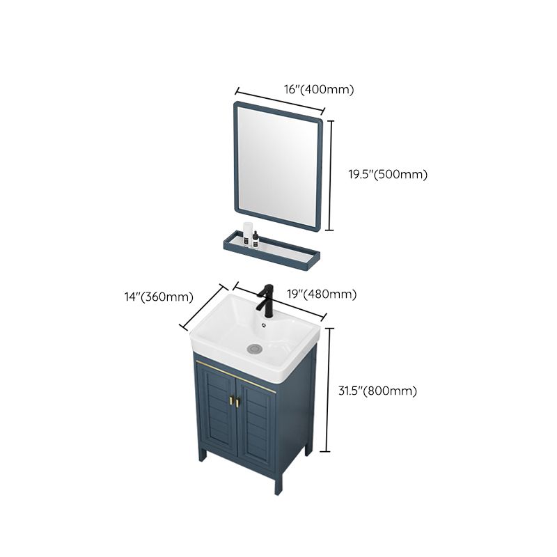 Blue Bath Vanity Freestanding 2 Doors Mirror Single Sink Rectangular Metal Frame Vanity Clearhalo 'Bathroom Remodel & Bathroom Fixtures' 'Bathroom Vanities' 'bathroom_vanities' 'Home Improvement' 'home_improvement' 'home_improvement_bathroom_vanities' 1200x1200_d6c2bf4c-eef7-4105-bb24-1320a87350ed