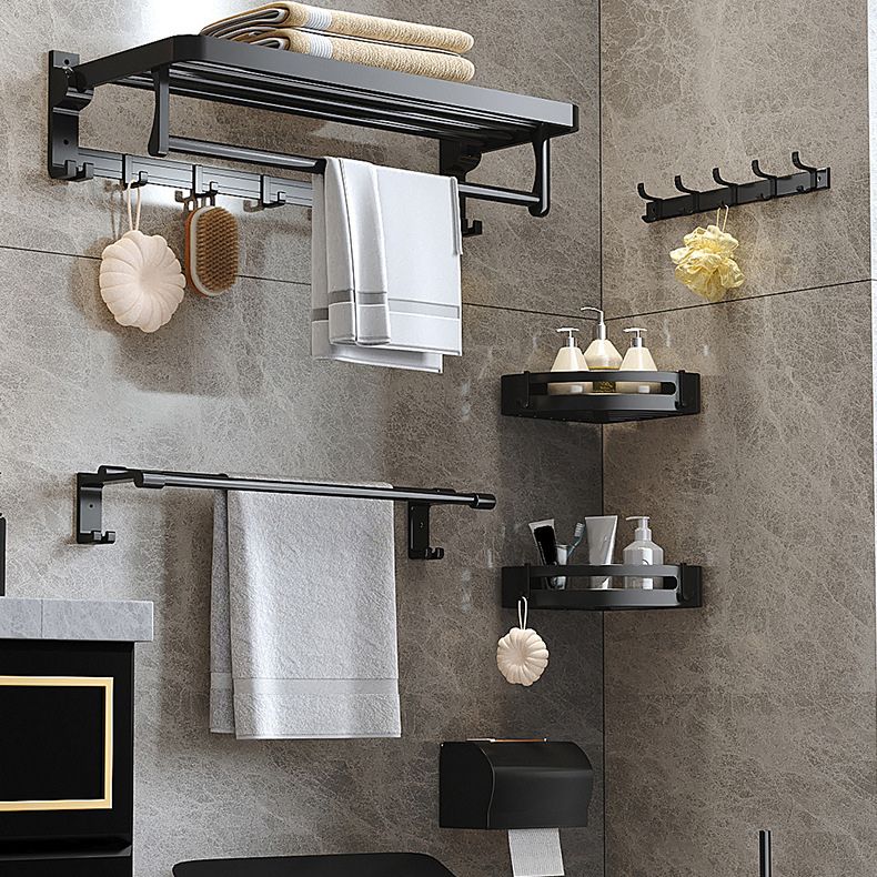 Modern Matte Black Bathroom Accessory Set with Bath Shelf/Robe Hooks/Towel Bar Clearhalo 'Bathroom Hardware Sets' 'Bathroom Hardware' 'Bathroom Remodel & Bathroom Fixtures' 'bathroom_hardware_sets' 'Home Improvement' 'home_improvement' 'home_improvement_bathroom_hardware_sets' 1200x1200_d7010241-b7bc-46ae-8613-b7eebab841e0