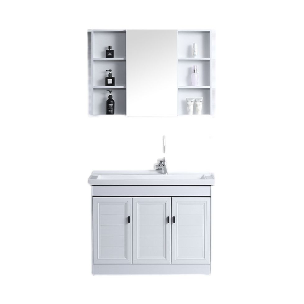 Rectangular White Vanity Freestanding Mirror Metal Frame Vanity with Soft Close Doors Clearhalo 'Bathroom Remodel & Bathroom Fixtures' 'Bathroom Vanities' 'bathroom_vanities' 'Home Improvement' 'home_improvement' 'home_improvement_bathroom_vanities' 1200x1200_d8e64328-a3be-4e42-906a-d6cd771f2813