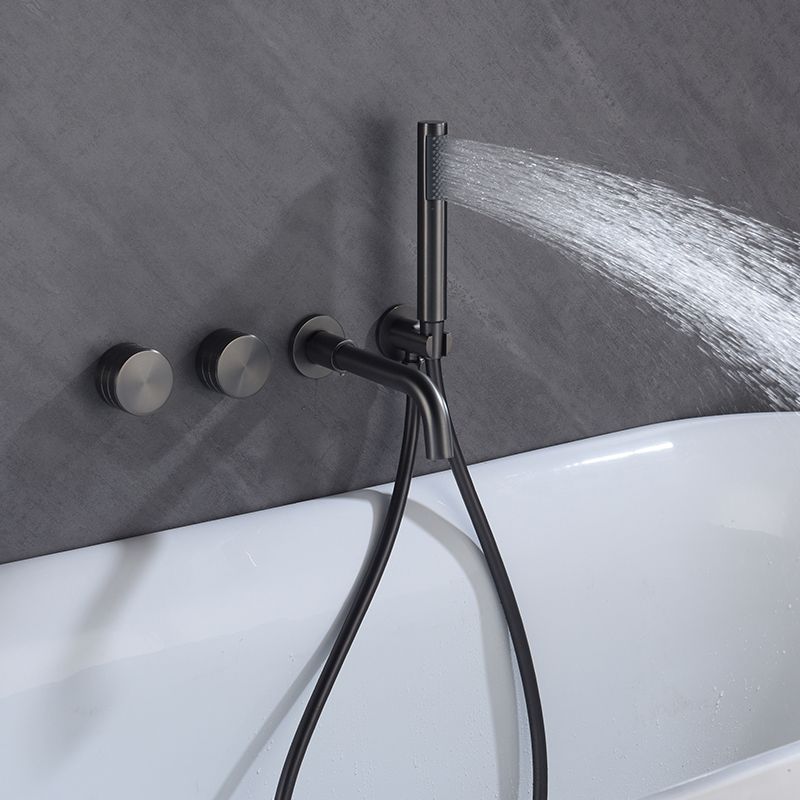 Modern Wall Mounted Metal Tub Filler Trim Low Arc Bathroom Faucet Clearhalo 'Bathroom Remodel & Bathroom Fixtures' 'Bathtub Faucets' 'bathtub_faucets' 'Home Improvement' 'home_improvement' 'home_improvement_bathtub_faucets' 1200x1200_d9e9a89b-be18-482b-8b24-52ff4d9353a3