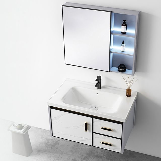 White Bath Vanity Single Sink Wall Mounted Faucet Drawers Metal Frame Vanity with Mirror Clearhalo 'Bathroom Remodel & Bathroom Fixtures' 'Bathroom Vanities' 'bathroom_vanities' 'Home Improvement' 'home_improvement' 'home_improvement_bathroom_vanities' 1200x1200_dc8e242e-5477-4855-862b-853b59d6ecbb