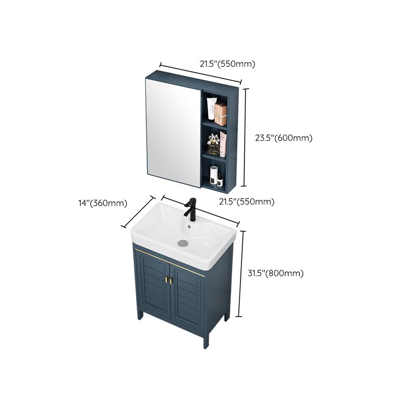 Blue Bath Vanity Freestanding 2 Doors Mirror Single Sink Rectangular Metal Frame Vanity Clearhalo 'Bathroom Remodel & Bathroom Fixtures' 'Bathroom Vanities' 'bathroom_vanities' 'Home Improvement' 'home_improvement' 'home_improvement_bathroom_vanities' 1200x1200_de933200-affa-4853-a469-df73d48b80f6