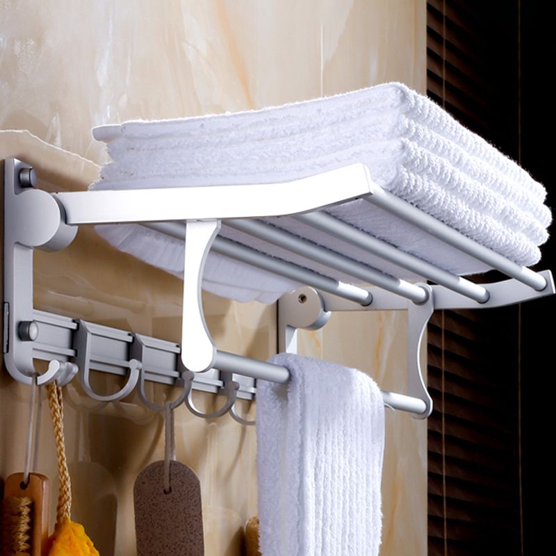 Silver Modern Bathroom Accessory Set with Bath Shelf/Towel Bar & Robe Hooks Clearhalo 'Bathroom Hardware Sets' 'Bathroom Hardware' 'Bathroom Remodel & Bathroom Fixtures' 'bathroom_hardware_sets' 'Home Improvement' 'home_improvement' 'home_improvement_bathroom_hardware_sets' 1200x1200_e15c2d68-c2c7-455d-8449-5b71a77facd1