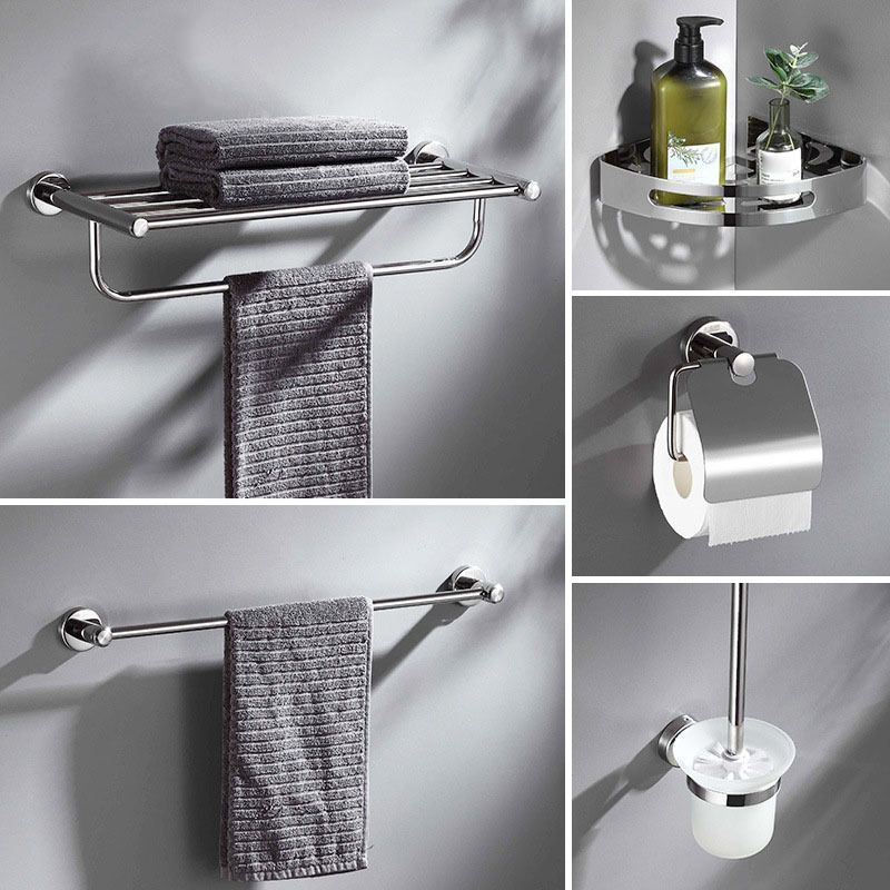 Polished Chrome 5-Piece Modern Bathroom Accessory Set with Bath Shelf Clearhalo 'Bathroom Hardware Sets' 'Bathroom Hardware' 'Bathroom Remodel & Bathroom Fixtures' 'bathroom_hardware_sets' 'Home Improvement' 'home_improvement' 'home_improvement_bathroom_hardware_sets' 1200x1200_e19ccf7c-eae0-4538-9d52-5941f0f6ee98