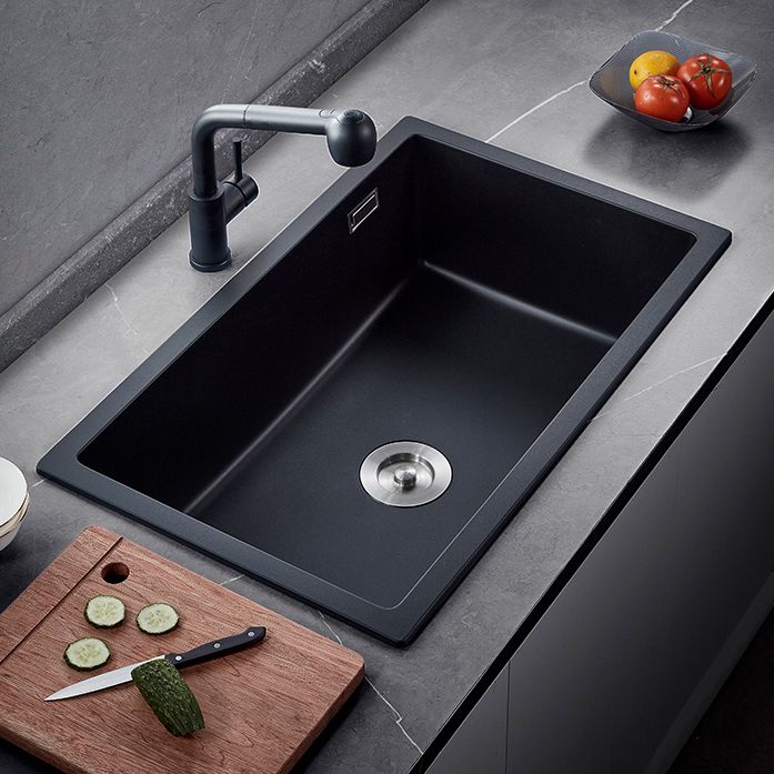 Black Quartz Kitchen Sink Drop-In Single Bowl Sink with Basket Strainer Clearhalo 'Home Improvement' 'home_improvement' 'home_improvement_kitchen_sinks' 'Kitchen Remodel & Kitchen Fixtures' 'Kitchen Sinks & Faucet Components' 'Kitchen Sinks' 'kitchen_sinks' 1200x1200_e31cdd5f-bf5c-4c59-afaf-414334998d10