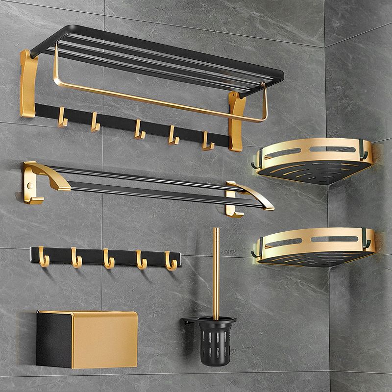 Contemporary Bathroom Accessory Set Black & Golden Bath Shelf/Towel Bar Clearhalo 'Bathroom Hardware Sets' 'Bathroom Hardware' 'Bathroom Remodel & Bathroom Fixtures' 'bathroom_hardware_sets' 'Home Improvement' 'home_improvement' 'home_improvement_bathroom_hardware_sets' 1200x1200_e7e19d82-1b81-461d-a326-df7f3ca2077b