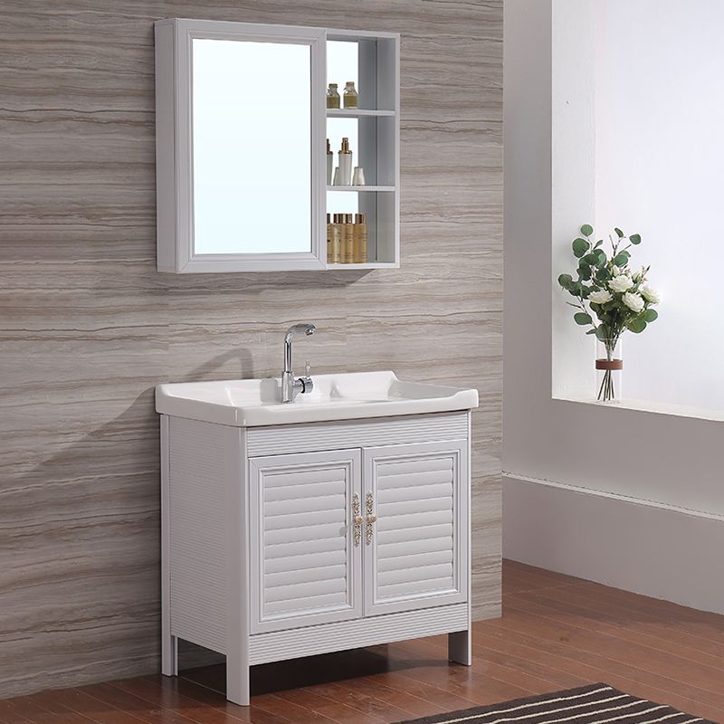 White Freestanding Vanity Rectangular 2 Doors Metal Frame Mirror Single Sink Vanity Clearhalo 'Bathroom Remodel & Bathroom Fixtures' 'Bathroom Vanities' 'bathroom_vanities' 'Home Improvement' 'home_improvement' 'home_improvement_bathroom_vanities' 1200x1200_e7ec5258-ef91-4c77-96c9-a298a7e1da54