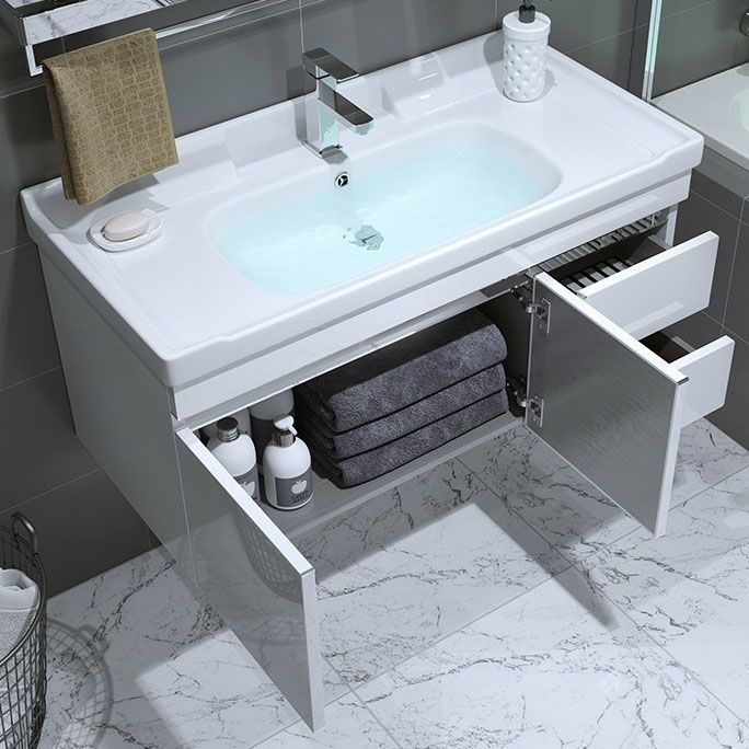 Wall Mount White Modern Bathroom Sink Vanity with Mirror Faucet Clearhalo 'Bathroom Remodel & Bathroom Fixtures' 'Bathroom Vanities' 'bathroom_vanities' 'Home Improvement' 'home_improvement' 'home_improvement_bathroom_vanities' 1200x1200_e8246abe-78a3-441c-b74f-b55aee208f34
