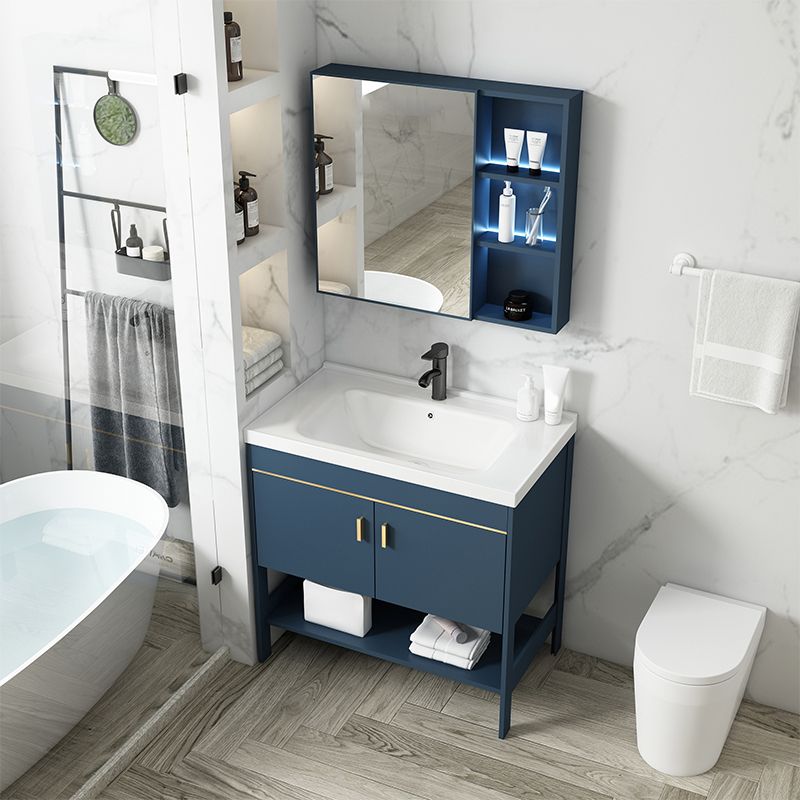 Shelving Included Vanity Blue Mirror Single Sink Freestanding Faucet Vanity with 2 Doors Clearhalo 'Bathroom Remodel & Bathroom Fixtures' 'Bathroom Vanities' 'bathroom_vanities' 'Home Improvement' 'home_improvement' 'home_improvement_bathroom_vanities' 1200x1200_ea490ce9-96ac-47f2-a052-fee515f811f6