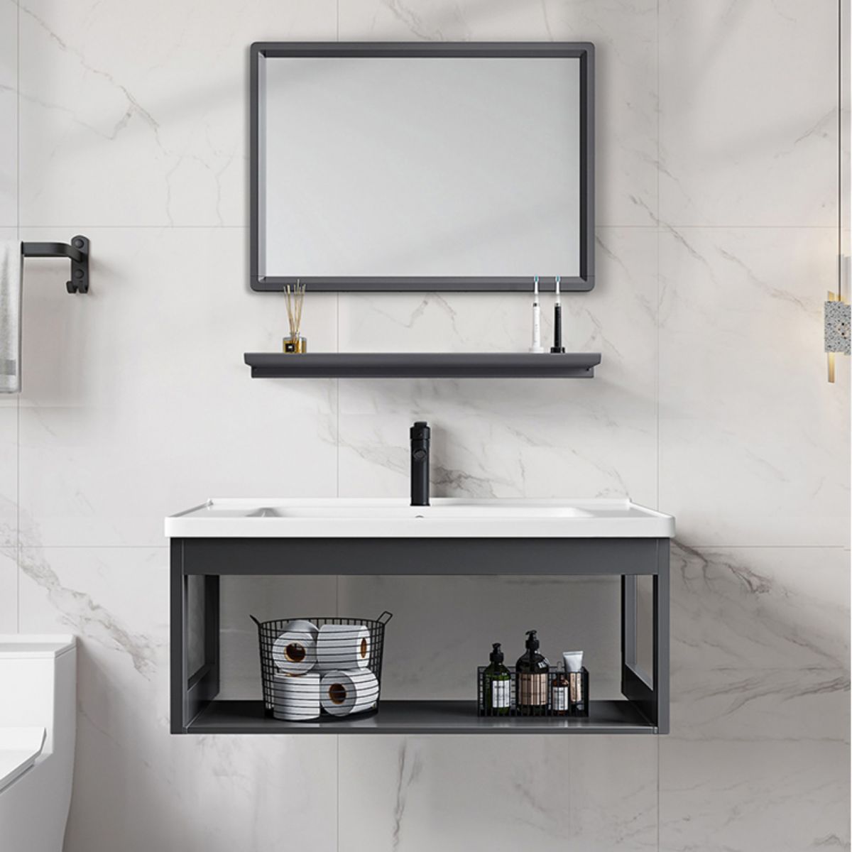 Single Modern Bath Vanity Wall Mount Metal Base Rectangular Bathroom Vanity Clearhalo 'Bathroom Remodel & Bathroom Fixtures' 'Bathroom Vanities' 'bathroom_vanities' 'Home Improvement' 'home_improvement' 'home_improvement_bathroom_vanities' 1200x1200_eaf74d37-50e2-4694-91fc-4b0cfcb597c6