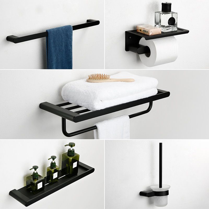 Minimalism Black Bathroom Accessory Set Contemporary Style Metal Towel Bar Clearhalo 'Bathroom Hardware Sets' 'Bathroom Hardware' 'Bathroom Remodel & Bathroom Fixtures' 'bathroom_hardware_sets' 'Home Improvement' 'home_improvement' 'home_improvement_bathroom_hardware_sets' 1200x1200_f3cdd169-3ae8-4f1f-b78a-347d11765c5d