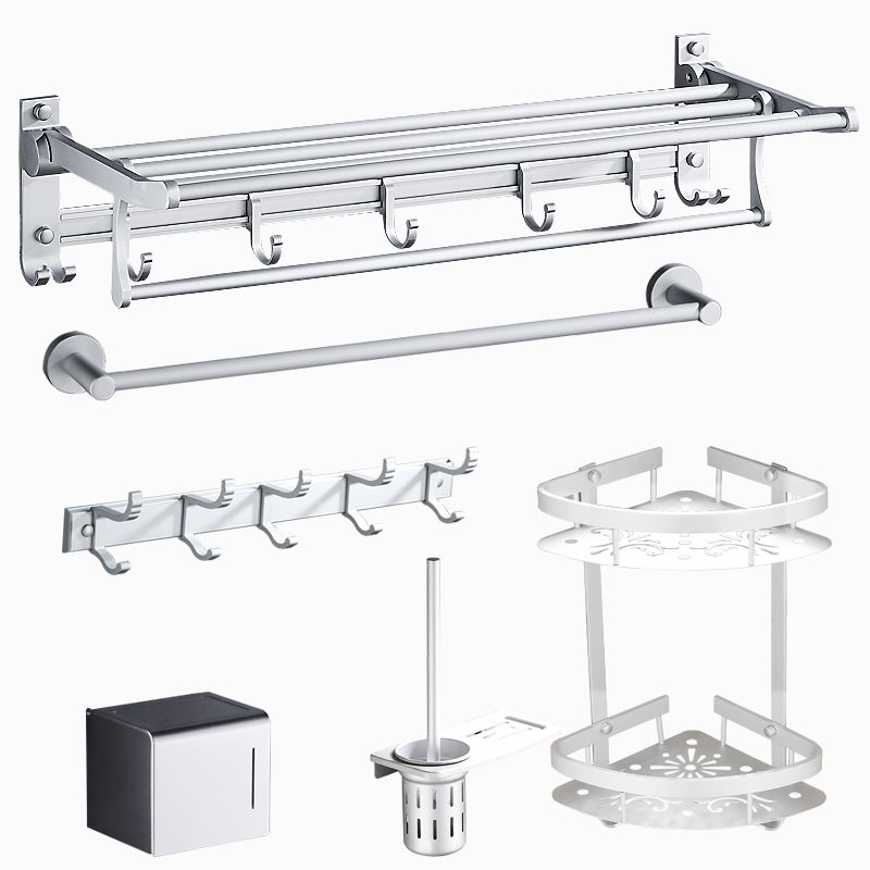 Silver Modern Bathroom Accessory Set with Bath Shelf/Towel Bar & Robe Hooks Clearhalo 'Bathroom Hardware Sets' 'Bathroom Hardware' 'Bathroom Remodel & Bathroom Fixtures' 'bathroom_hardware_sets' 'Home Improvement' 'home_improvement' 'home_improvement_bathroom_hardware_sets' 1200x1200_f50dc89c-7a57-431b-8c11-230348bc20bf