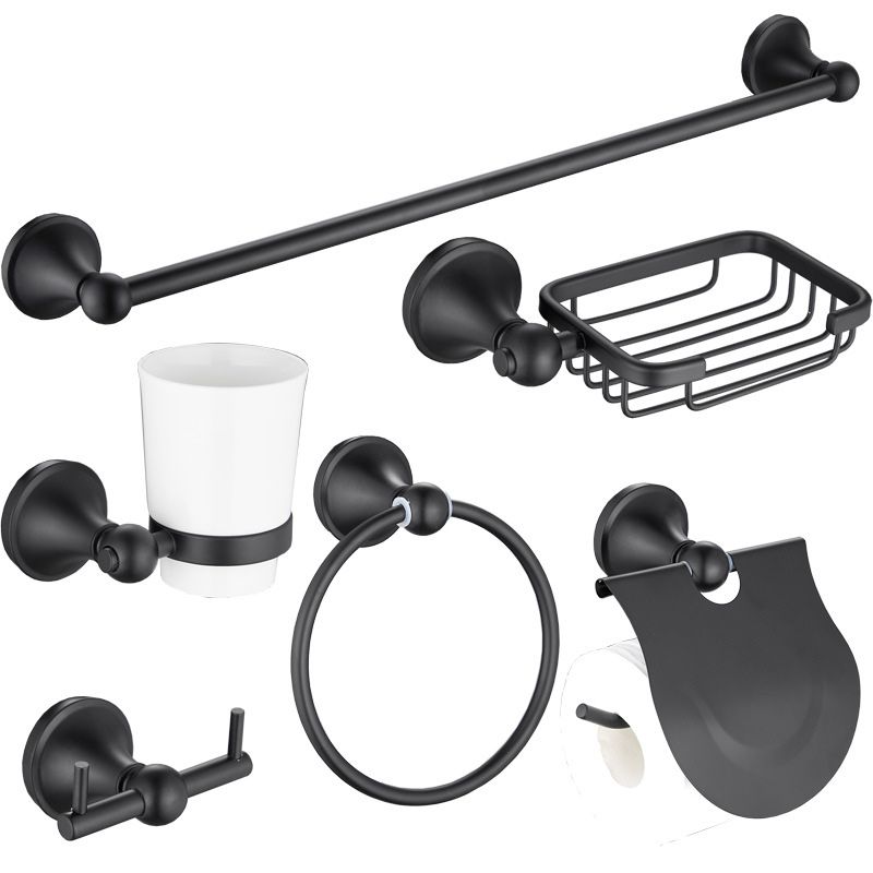 6-Piece Modern Bath Hardware Set in Stainless Steel Matte Black Robe Hooks/Towel Ring Bar Clearhalo 'Bathroom Hardware Sets' 'Bathroom Hardware' 'Bathroom Remodel & Bathroom Fixtures' 'bathroom_hardware_sets' 'Home Improvement' 'home_improvement' 'home_improvement_bathroom_hardware_sets' 1200x1200_f53a3247-0975-475e-9813-9e6a986346f9