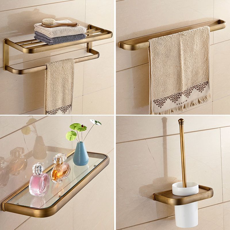 Brushed Brass 4-Piece Bathroom Accessory Set Vintage Bronze Bath Shelf/Towel Bar Clearhalo 'Bathroom Hardware Sets' 'Bathroom Hardware' 'Bathroom Remodel & Bathroom Fixtures' 'bathroom_hardware_sets' 'Home Improvement' 'home_improvement' 'home_improvement_bathroom_hardware_sets' 1200x1200_f58cb179-ae1d-4e9d-ad2f-420952119b42