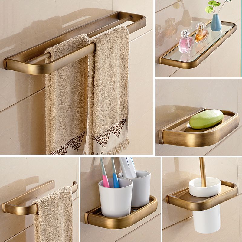 Brushed Brass 4-Piece Bathroom Accessory Set Vintage Bronze Bath Shelf/Towel Bar Clearhalo 'Bathroom Hardware Sets' 'Bathroom Hardware' 'Bathroom Remodel & Bathroom Fixtures' 'bathroom_hardware_sets' 'Home Improvement' 'home_improvement' 'home_improvement_bathroom_hardware_sets' 1200x1200_f9522584-47ad-4a38-9dde-fb4136de328b