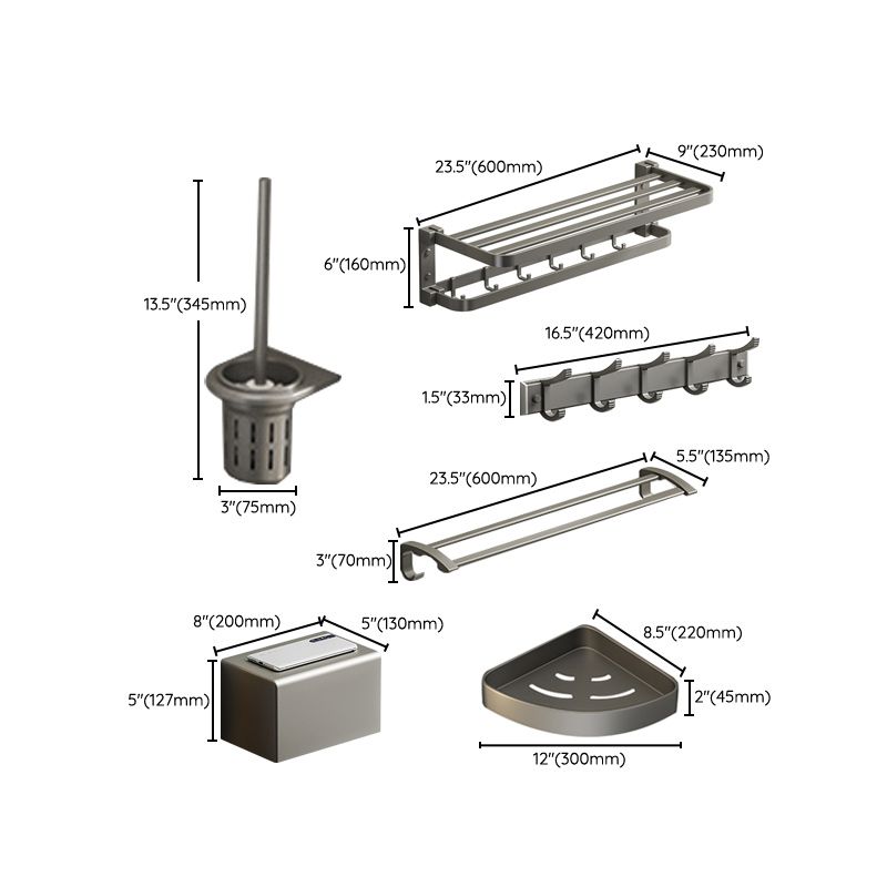 Modern Gray Bathroom Accessory Set Aluminum Stainless Bath Shelf/Robe Hooks/Towel Bar Clearhalo 'Bathroom Hardware Sets' 'Bathroom Hardware' 'Bathroom Remodel & Bathroom Fixtures' 'bathroom_hardware_sets' 'Home Improvement' 'home_improvement' 'home_improvement_bathroom_hardware_sets' 1200x1200_f9e80feb-a834-40c1-9d09-e7dea35530ff