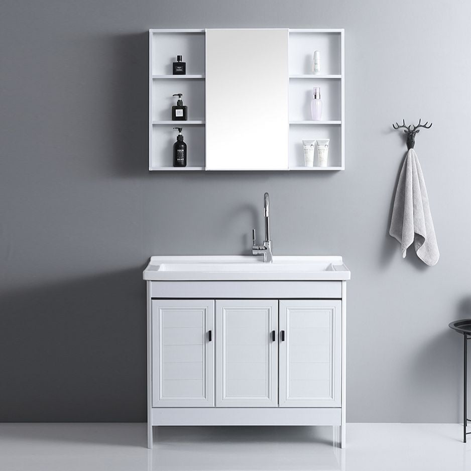 Rectangular White Vanity Freestanding Mirror Metal Frame Vanity with Soft Close Doors Clearhalo 'Bathroom Remodel & Bathroom Fixtures' 'Bathroom Vanities' 'bathroom_vanities' 'Home Improvement' 'home_improvement' 'home_improvement_bathroom_vanities' 1200x1200_fe396b13-0fb7-4275-a1d7-eacdf9fb5eac