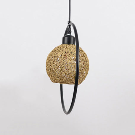 Beige/White Ball Shade Hanging Light Rustic Rattan Single Pendant Lamp with Black Metal Ring Clearhalo 'Ceiling Lights' 'Pendant Lights' 'Pendants' Lighting' 120105