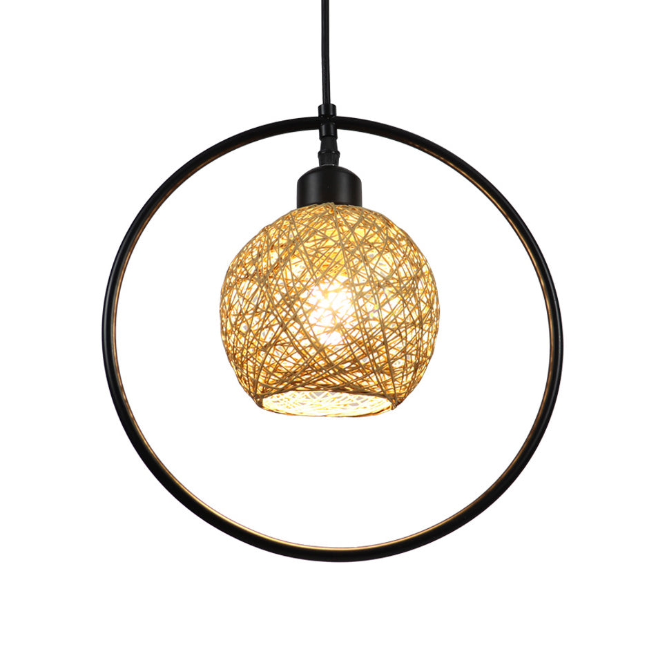 Beige/White Ball Shade Hanging Light Rustic Rattan Single Pendant Lamp with Black Metal Ring Clearhalo 'Ceiling Lights' 'Pendant Lights' 'Pendants' Lighting' 120106