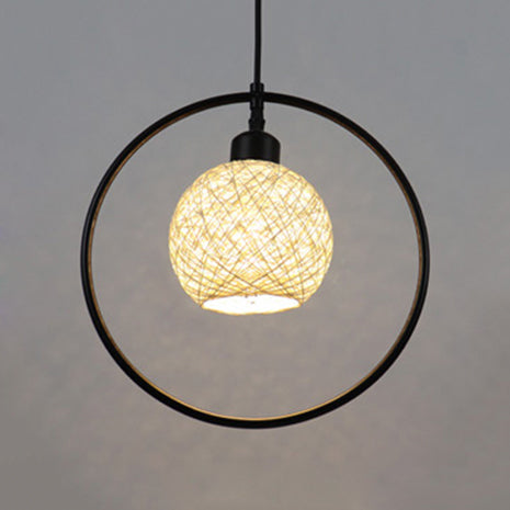 Beige/White Ball Shade Hanging Light Rustic Rattan Single Pendant Lamp with Black Metal Ring White Clearhalo 'Ceiling Lights' 'Pendant Lights' 'Pendants' Lighting' 120107_8680e92c-b9bc-43af-a962-d3407af188f7