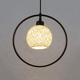 Beige/White Ball Shade Hanging Light Rustic Rattan Single Pendant Lamp with Black Metal Ring Clearhalo 'Ceiling Lights' 'Pendant Lights' 'Pendants' Lighting' 120107