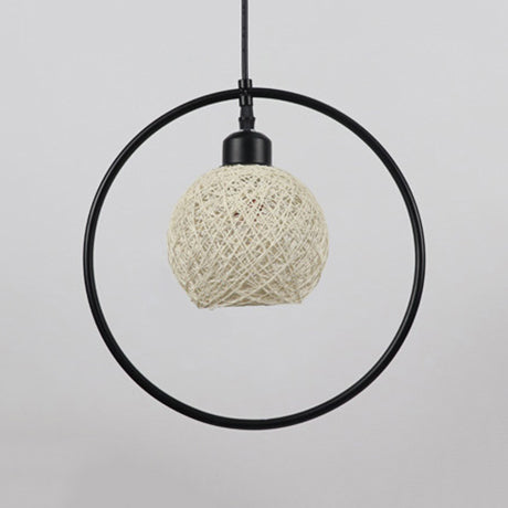 Beige/White Ball Shade Hanging Light Rustic Rattan Single Pendant Lamp with Black Metal Ring Clearhalo 'Ceiling Lights' 'Pendant Lights' 'Pendants' Lighting' 120108