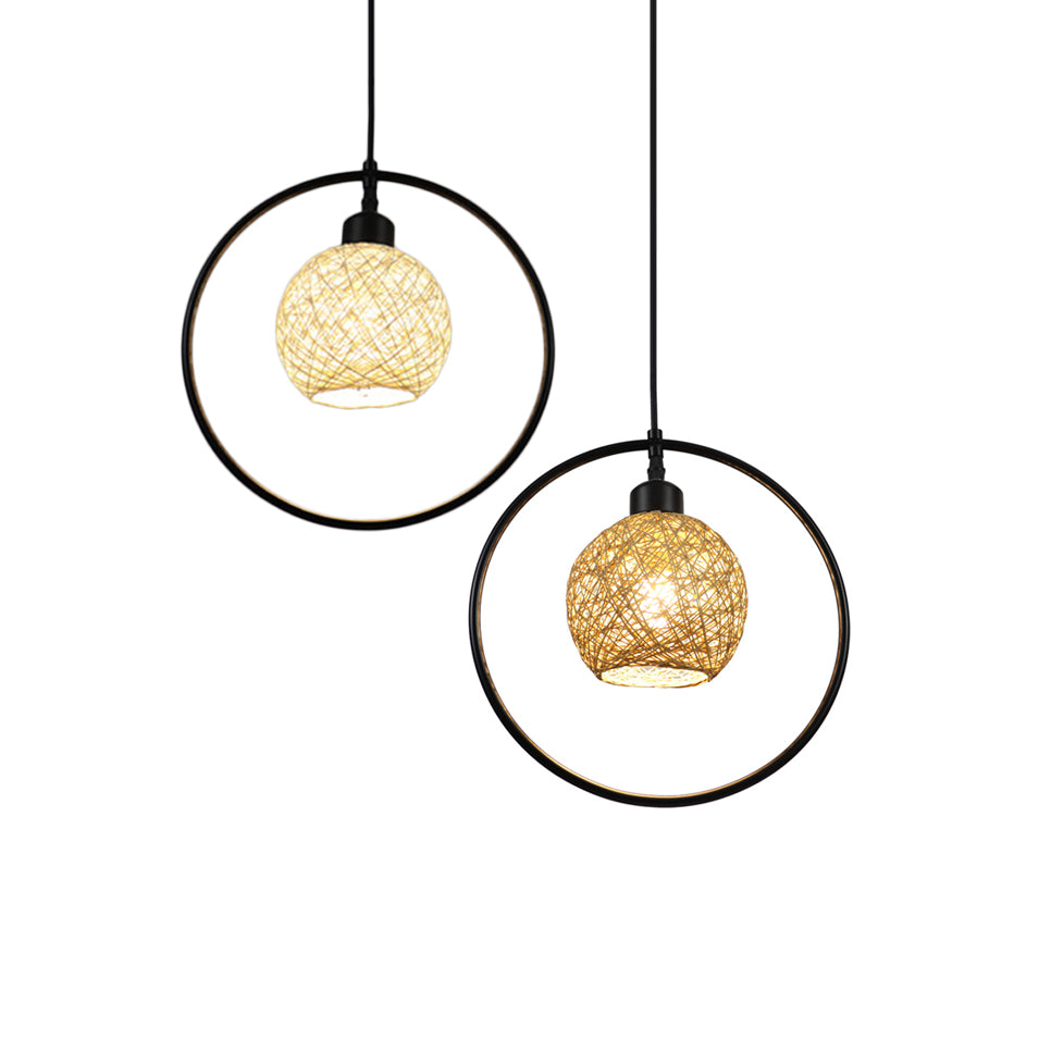 Beige/White Ball Shade Hanging Light Rustic Rattan Single Pendant Lamp with Black Metal Ring Clearhalo 'Ceiling Lights' 'Pendant Lights' 'Pendants' Lighting' 120109