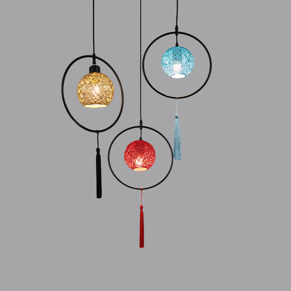 Asian Style Ball Pendant Lamp Woven Rattan 1 Bulb Hanging Light in Beige/Blue/Red with Tassels Clearhalo 'Ceiling Lights' 'Pendant Lights' 'Pendants' Lighting' 120110