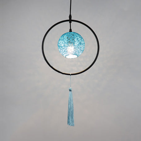 Asian Style Ball Pendant Lamp Woven Rattan 1 Bulb Hanging Light in Beige/Blue/Red with Tassels Blue Clearhalo 'Ceiling Lights' 'Pendant Lights' 'Pendants' Lighting' 120111_e10421d5-3055-4bc7-9682-810d8df18234