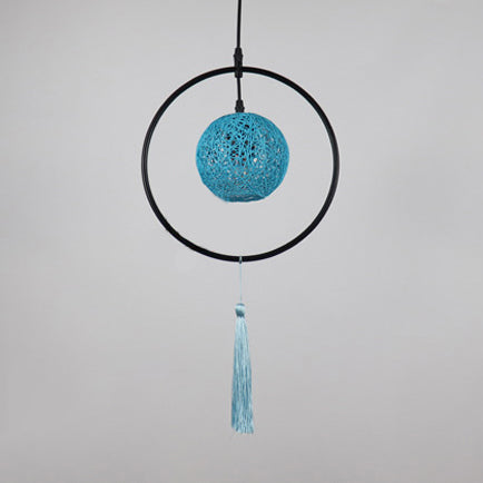 Asian Style Ball Pendant Lamp Woven Rattan 1 Bulb Hanging Light in Beige/Blue/Red with Tassels Clearhalo 'Ceiling Lights' 'Pendant Lights' 'Pendants' Lighting' 120112