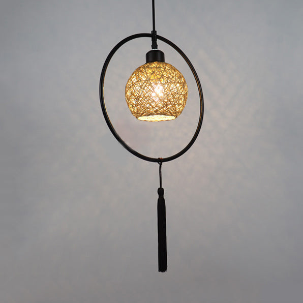 Asian Style Ball Pendant Lamp Woven Rattan 1 Bulb Hanging Light in Beige/Blue/Red with Tassels Clearhalo 'Ceiling Lights' 'Pendant Lights' 'Pendants' Lighting' 120113