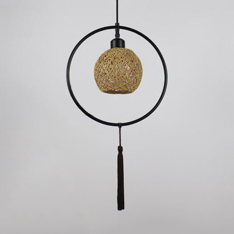 Asian Style Ball Pendant Lamp Woven Rattan 1 Bulb Hanging Light in Beige/Blue/Red with Tassels Clearhalo 'Ceiling Lights' 'Pendant Lights' 'Pendants' Lighting' 120114