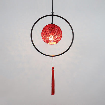 Asian Style Ball Pendant Lamp Woven Rattan 1 Bulb Hanging Light in Beige/Blue/Red with Tassels Clearhalo 'Ceiling Lights' 'Pendant Lights' 'Pendants' Lighting' 120115