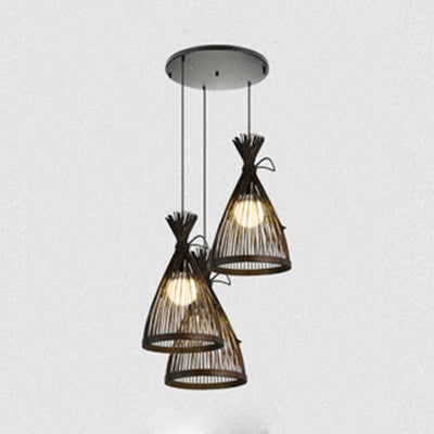 Black/Beige Conical Shade Pendant Lighting Asian Stylish 3 Lights Bamboo Hanging Lamp with Round/Linear Canopy Black Round Clearhalo 'Ceiling Lights' 'Pendant Lights' 'Pendants' Lighting' 120259_46b1d2f4-a7c2-4a6b-9859-3ce910cc0efa